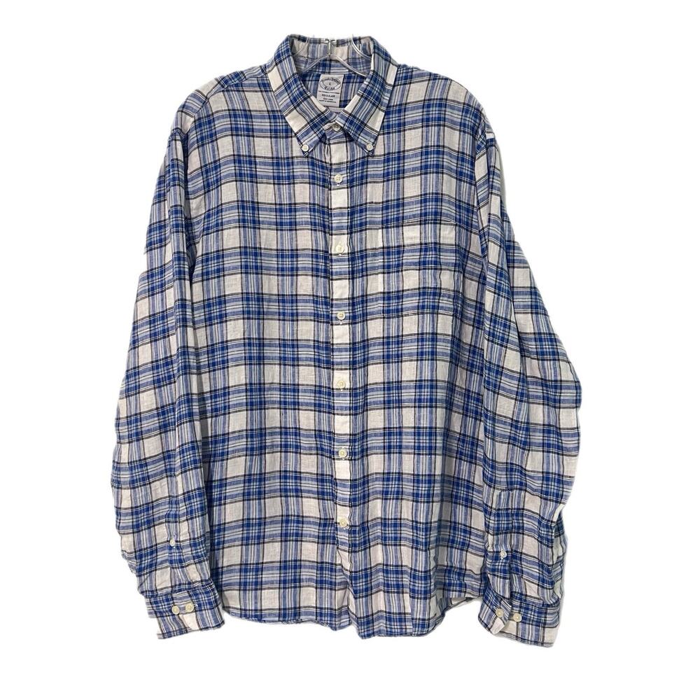 Brooks Brothers 100% Linen Shirt Large L Plaid Blue & White The Original Resort